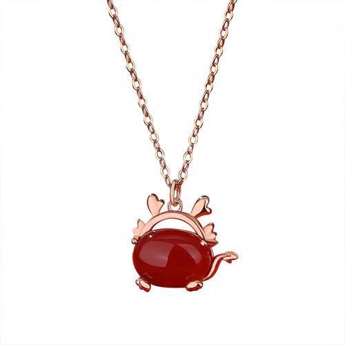 Sterling Silver Jewelry Necklace, 925 Sterling Silver, with Red Agate, with 5CM extender chain, plated, for woman, rose gold color Approx 40 cm 