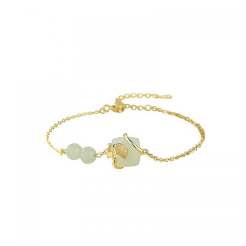 Sterling Silver Bracelets, 925 Sterling Silver, with Hetian Jade, with 4CM extender chain, plated, for woman, golden Approx 15.5 cm 