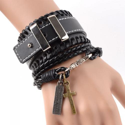 PU Leather Bracelet, with Zinc Alloy, multilayer & Unisex, black 