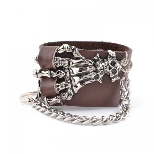 Cowhide Bracelets, with Zinc Alloy, Skull, plated, punk style & for man Approx 6.7-7.9 Inch [