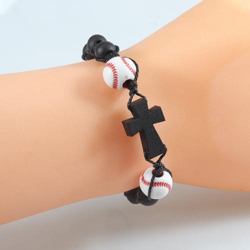 Wood Bracelets, Wax Cord, with Wood, Football, handmade, fashion jewelry & Unisex & adjustable, black, 14mm Approx 17-27 cm 