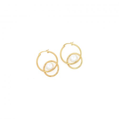 Brass Hoop Earring, with Plastic Pearl, Round, gold color plated, fashion jewelry & for woman 