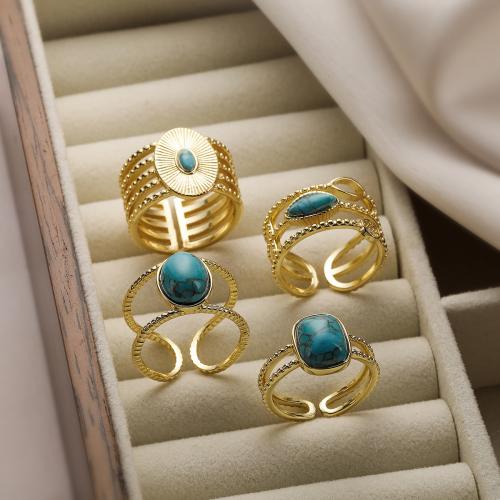 Gemstone Brass Finger Ring, with turquoise, gold color plated & micro pave cubic zirconia & for woman inner ~20mm 
