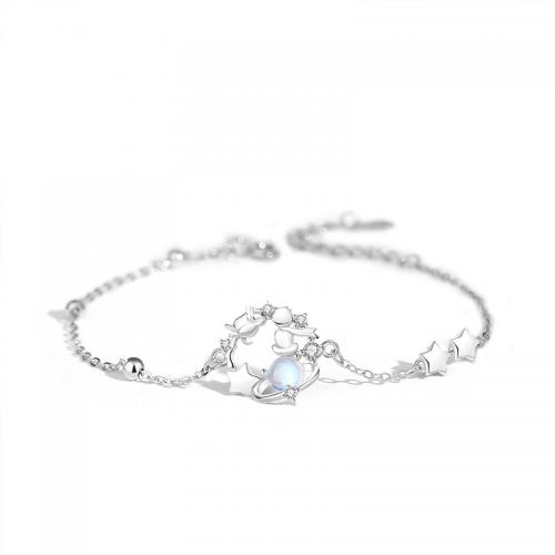 925 Sterling Silver, with Moonstone, with 4CM extender chain, plated, micro pave cubic zirconia & for woman, platinum color Approx 15.5 cm 