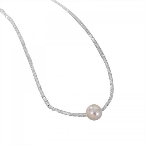 Sterling Silver Jewelry Necklace, 925 Sterling Silver, with Shell Pearl, with 5CM extender chain, plated, for woman, platinum color Approx 40 cm 