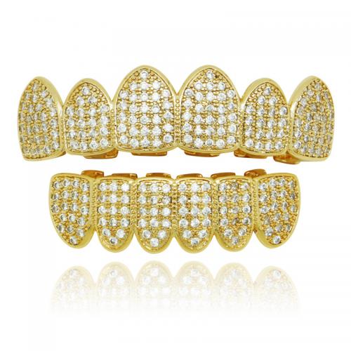 Teeth Hip Hop Jewelry, Brass, 2 pieces & Unisex & micro pave cubic zirconia upper teeth 50*13mm, inferior teeth 40*11mm 