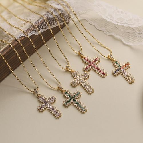 Cubic Zircon Micro Pave Brass Necklace, with 5CM extender chain, Cross, gold color plated, micro pave cubic zirconia & for woman cm 