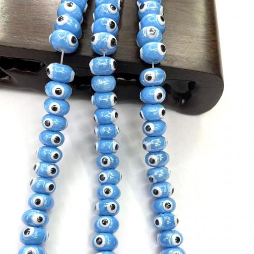 Mode Evil Eye Perlen, Porzellan, flache Runde, DIY, blau, 6x9mm, ca. 52PCs/Strang, verkauft von Strang