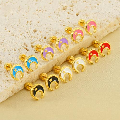 Stainless Steel Stud Earring, 304 Stainless Steel, Moon, 18K gold plated, fashion jewelry & for woman & enamel 