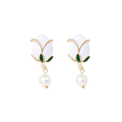 Enamel Zinc Alloy Drop Earring, with Plastic Pearl, Flower, fashion jewelry & for woman 