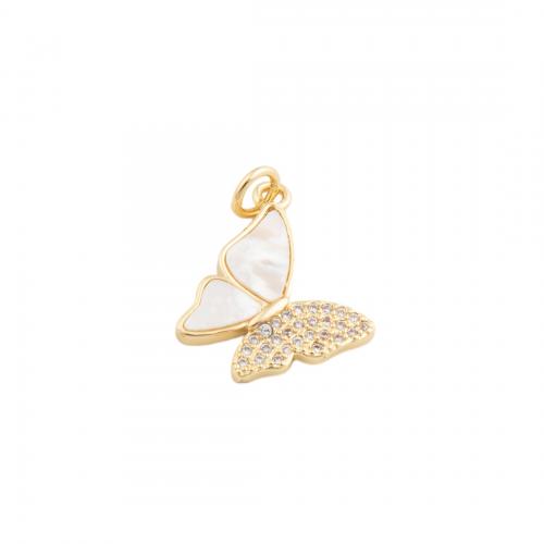 Cubique Pendentif en laiton zircon pavent, avec coquille, papillon, bijoux de mode & pavé de micro zircon & pour femme, doré Vendu par PC