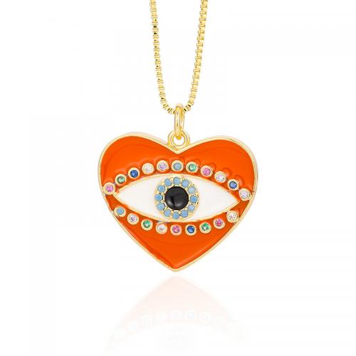 Evil Eye Jewelry Necklace, Brass, with 5cm extender chain, Heart, gold color plated, fashion jewelry & micro pave cubic zirconia & for woman & enamel Approx 43 cm 