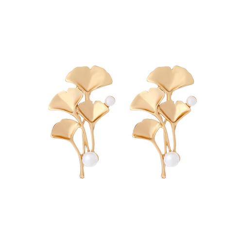 Plastic Pearl Zinc Alloy Earring, with Plastic Pearl, Leaf, fashion jewelry & for woman, golden 
