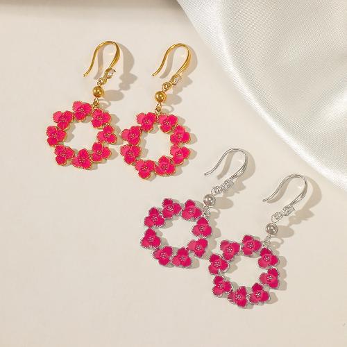 Stainless Steel Drop Earring, 304 Stainless Steel, Flower, plated, fashion jewelry & for woman & enamel & with rhinestone & hollow 