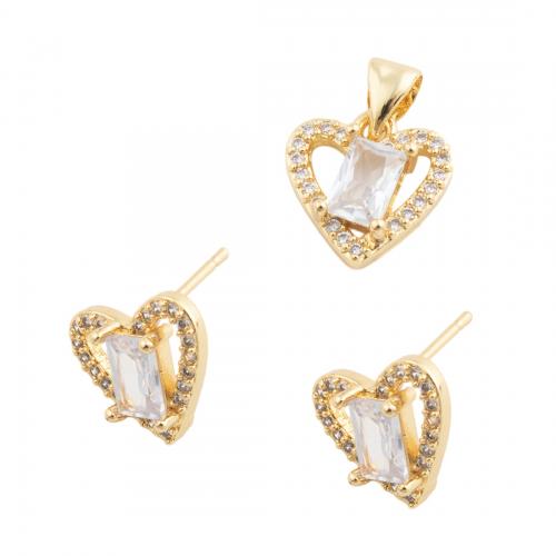 Cubic Zirconia Micro Pave Brass Jewelry Sets, Heart & micro pave cubic zirconia & for woman, golden, pendant 12.5*12mm,  stud earring 10.5*11.5mm 
