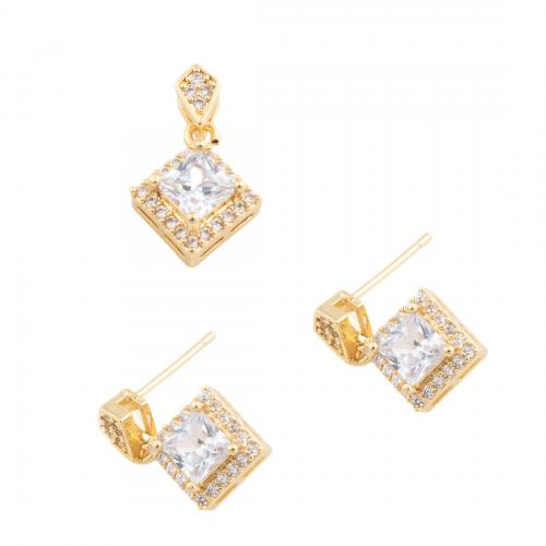 Cubic Zirconia Micro Pave Brass Jewelry Sets & micro pave cubic zirconia & for woman, golden, pendant 15.5*11.5mm,  stud earring 17.5*11mm 