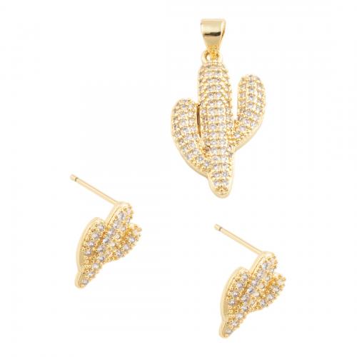Cubic Zirconia Micro Pave Brass Jewelry Sets, Opuntia Stricta & micro pave cubic zirconia & for woman, golden, pendant 24*14.5mm,  stud earring 13.5*8.5mm 