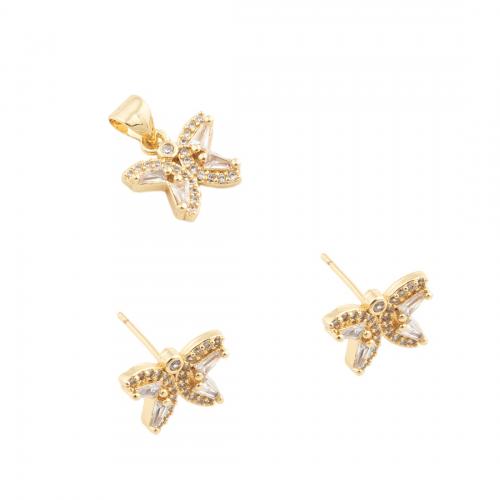 Cubic Zirconia Micro Pave Brass Jewelry Sets, Butterfly & micro pave cubic zirconia & for woman, golden, pendant 11*12mm,  stud earring 9*12mm 