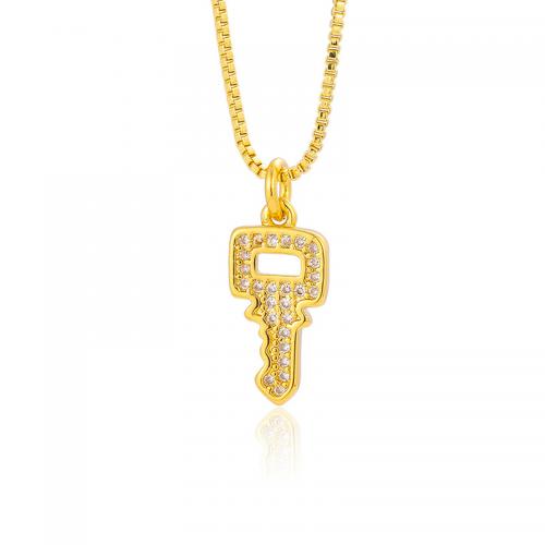 Cubic Zircon Micro Pave Brass Necklace, with 5cm extender chain, Key, gold color plated, fashion jewelry & micro pave cubic zirconia & for woman Approx 43 cm 