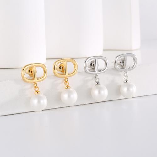 Brass Stud Earring, with Plastic Pearl, plated, fashion jewelry & for woman & hollow 
