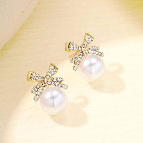 Zinc Alloy Stud Earring, with Crystal & Plastic Pearl, Bowknot, gold color plated, fashion jewelry & for woman, 24mm 