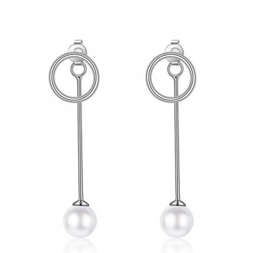 Sterling Silver Pearl Drop Earring, 925 Sterling Silver, with Plastic Pearl, plated, for woman, silver color 