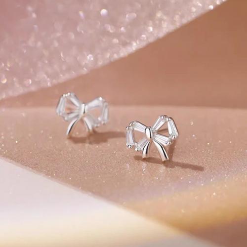 Cubic Zirconia Micro Pave Sterling Silver Earring, 925 Sterling Silver, Bowknot, plated, micro pave cubic zirconia & for woman, platinum color 