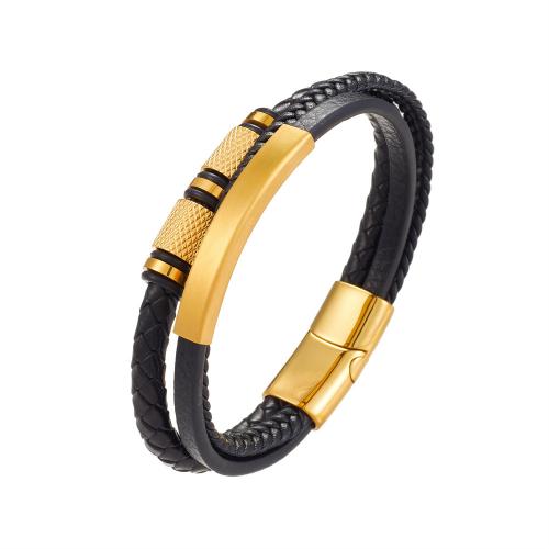 PU Leather Cord Bracelets, 304 Stainless Steel, with Microfiber PU & Split Layer Cowhide Leather, handmade, Unisex black [