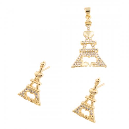 Cubic Zirconia Micro Pave Brass Jewelry Sets, Eiffel Tower & micro pave cubic zirconia & for woman, golden, pendant 36*18.5mm,  stud earring 17.5*10.5mm 