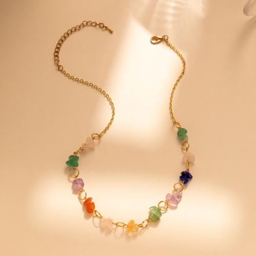 Gemstone Necklaces, Brass, with Natural Stone, with 2.76 Inch extender chain, plated, fashion jewelry & for woman, multi-colored Approx 14.57 Inch 