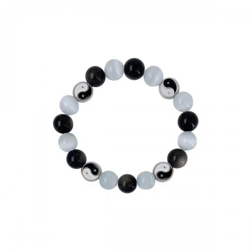 Gemstone Bracelets, Zinc Alloy, with Obsidian & Elastic Thread & Cats Eye & Lampwork, plated, Unisex & enamel Approx 18 cm 