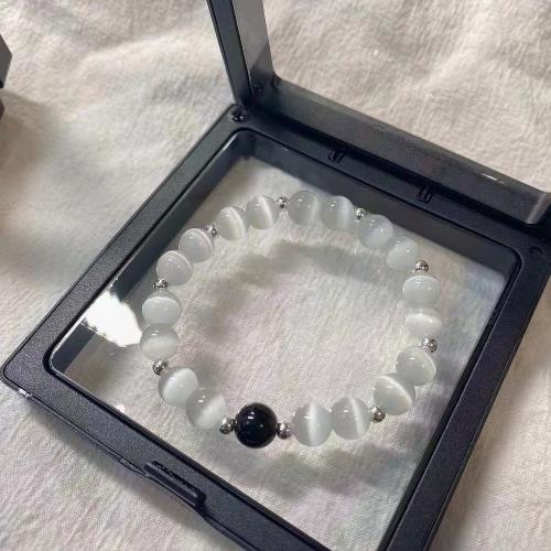 Gemstone Bracelets, Zinc Alloy, with Obsidian & Elastic Thread & Cats Eye, polished & Unisex Approx 17 cm 