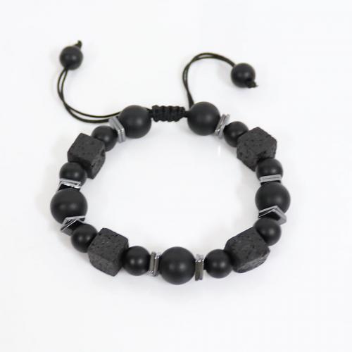 Gemstone Bracelets, Zinc Alloy, with Glass Beads & Wax Cord & Lava & Hematite, plated, Unisex, black Approx 17-25 cm 