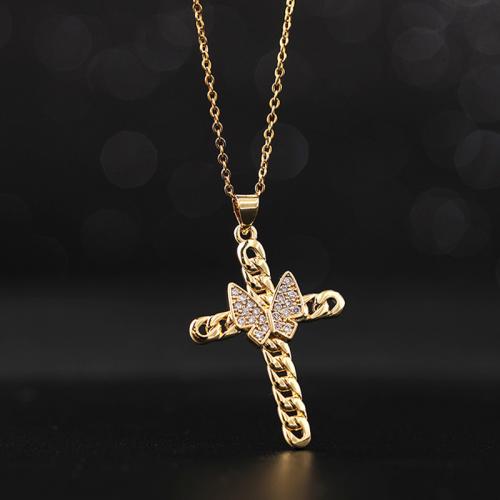 Cubic Zircon Micro Pave Brass Necklace, with 5CM extender chain, Cross, plated, micro pave cubic zirconia & for woman, golden Approx 40 cm 