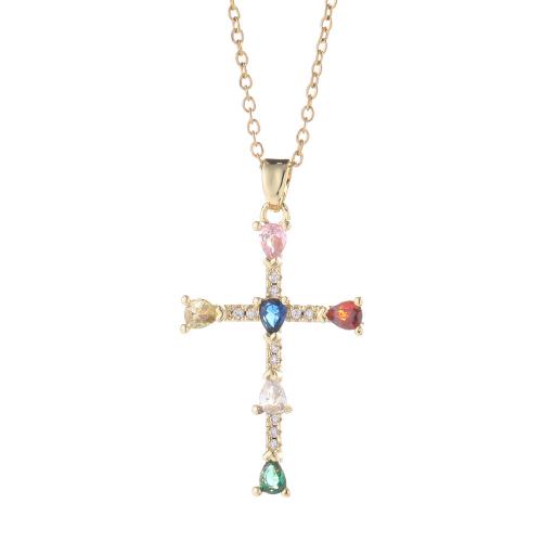 Cubic Zircon Micro Pave Brass Necklace, Cross, plated, micro pave cubic zirconia & for woman Approx 40 cm 