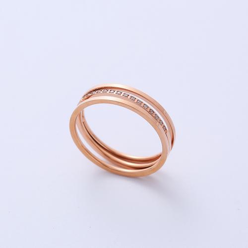 Rhinestone Stainless Steel Finger Ring, 304 Stainless Steel & for woman & with rhinestone, rose gold color 