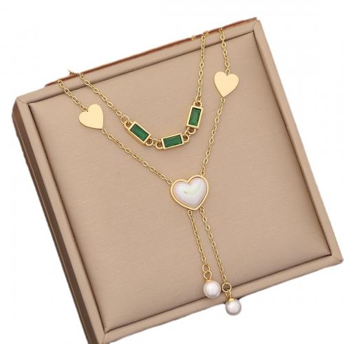 304 Stainless Steel Jewelry Set, with Plastic Pearl, Heart, gold color plated & for woman & with rhinestone 