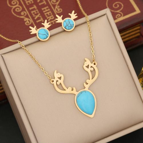 304 Stainless Steel Jewelry Set, with turquoise, Antlers, gold color plated, oval chain & for woman [