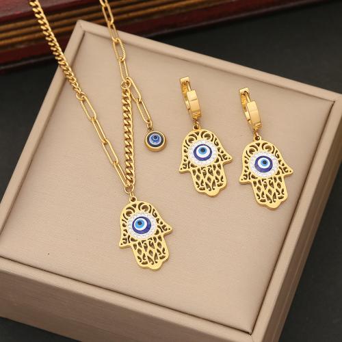 304 Stainless Steel Jewelry Set, Evil Eye Hamsa, gold color plated & for woman & enamel & with rhinestone 