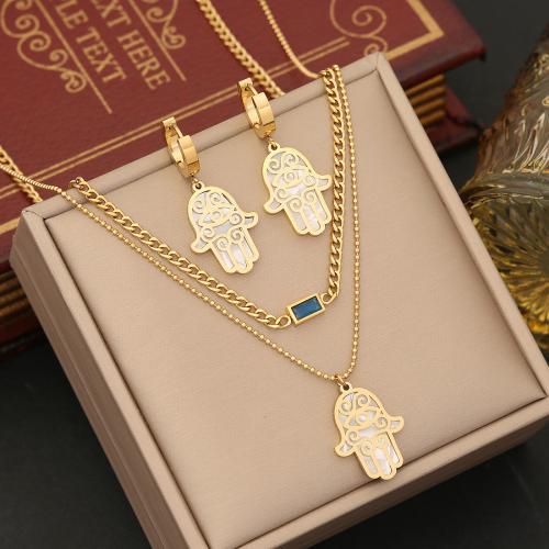 304 Stainless Steel Jewelry Set, with White Shell, Hamsa, gold color plated, Double Layer & for woman & with rhinestone [