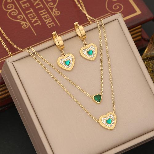 304 Stainless Steel Jewelry Set, Heart, gold color plated, oval chain & for woman & with rhinestone 