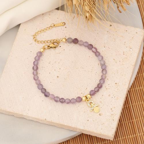 Gemstone Bracelet, with Brass & 304 Stainless Steel, with 2inch extender chain, gold color plated & for woman & with rhinestone Approx 7 Inch 