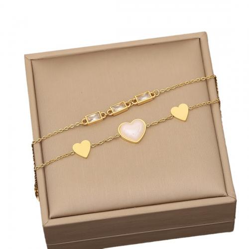 304 Stainless Steel Jewelry Set, with Plastic Pearl, Heart, gold color plated & for woman & with rhinestone [