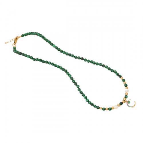 304 Stainless Steel Necklace, with Natural Gravel & Malachite & Brass, with 2inch extender chain, gold color plated & for woman & with rhinestone Approx 15.7 Inch 
