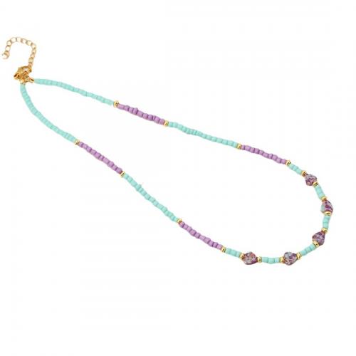 Seedbead Necklace, with Gemstone & 304 Stainless Steel, with 2inch extender chain, Heart, gold color plated & for woman Approx 15.7 Inch 
