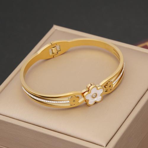 304 Stainless Steel Bangle, with White Shell, gold color plated & for woman & with rhinestone, Inner Approx 