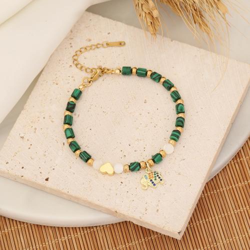 304 Stainless Steel Bracelet, with Natural Gravel & Malachite & Brass, with 2inch extender chain, gold color plated & for woman & with rhinestone Approx 7 Inch 