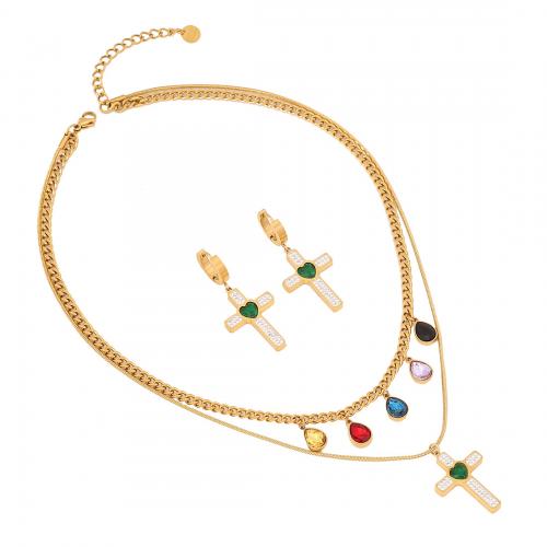 304 Stainless Steel Jewelry Set, with Glass Rhinestone, Cross, gold color plated & for woman 