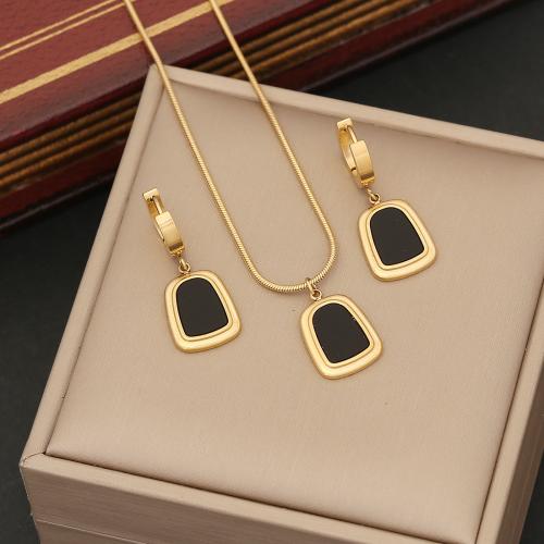 304 Stainless Steel Jewelry Set, earring & necklace, with Shell, with 2inch extender chain, Geometrical Pattern, gold color plated, 2 pieces & snake chain & for woman earring length 45mm Approx 15.7 Inch 