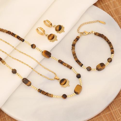 304 Stainless Steel Jewelry Set, with Tiger Eye & Brass, gold color plated & for woman 